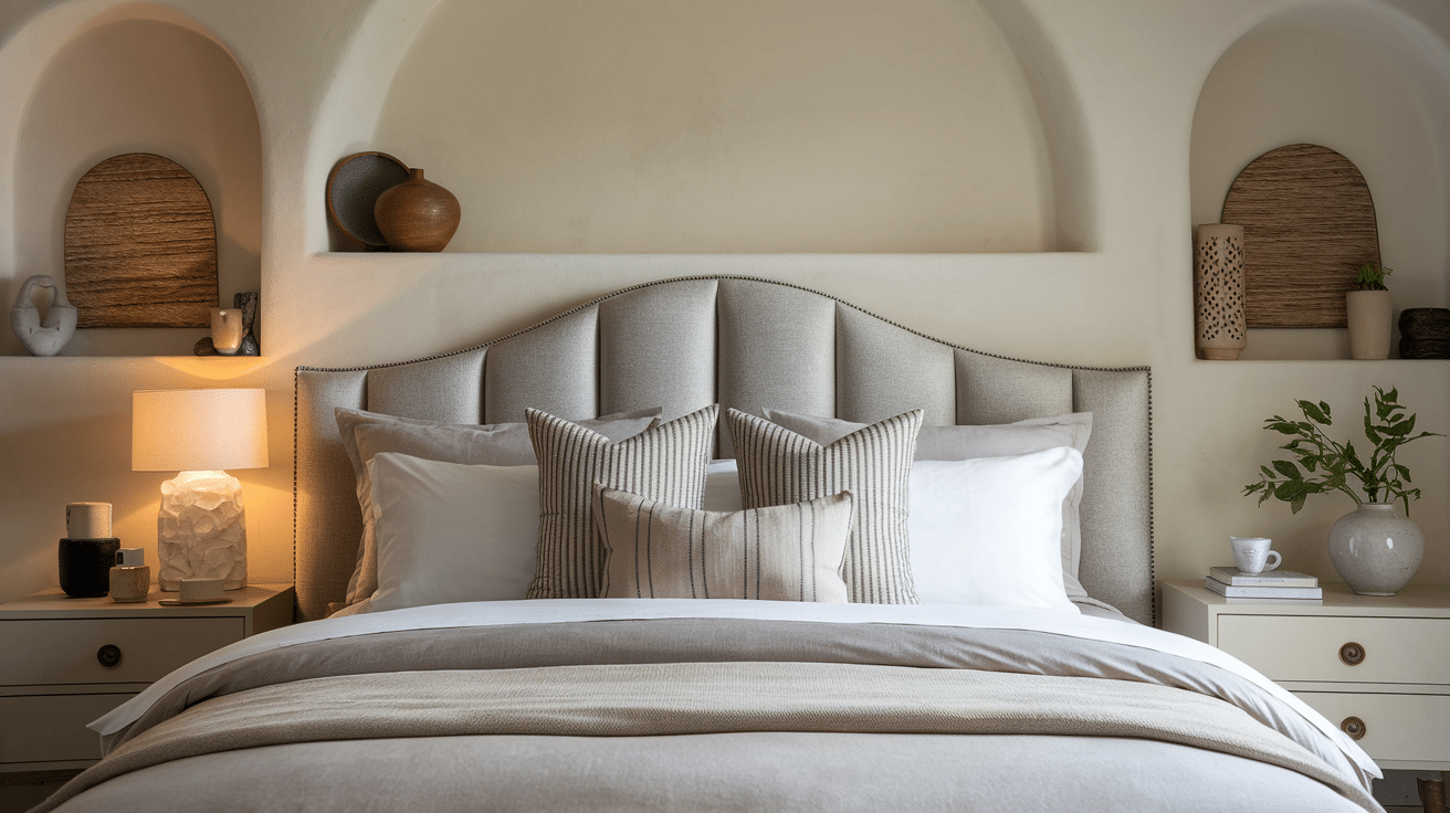 upholstered bed with layered pillows, bedside tables, and softly lit wall niches