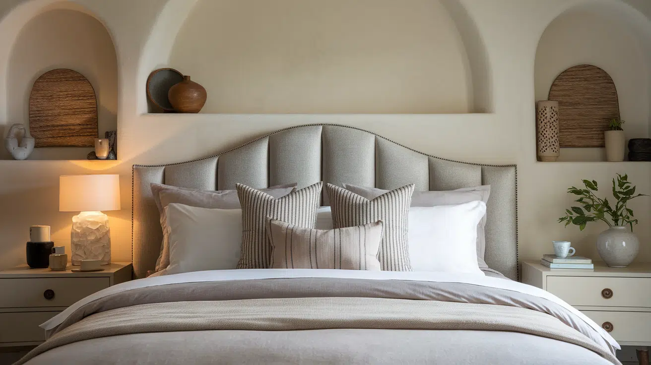 upholstered bed with layered pillows, bedside tables, and softly lit wall niches