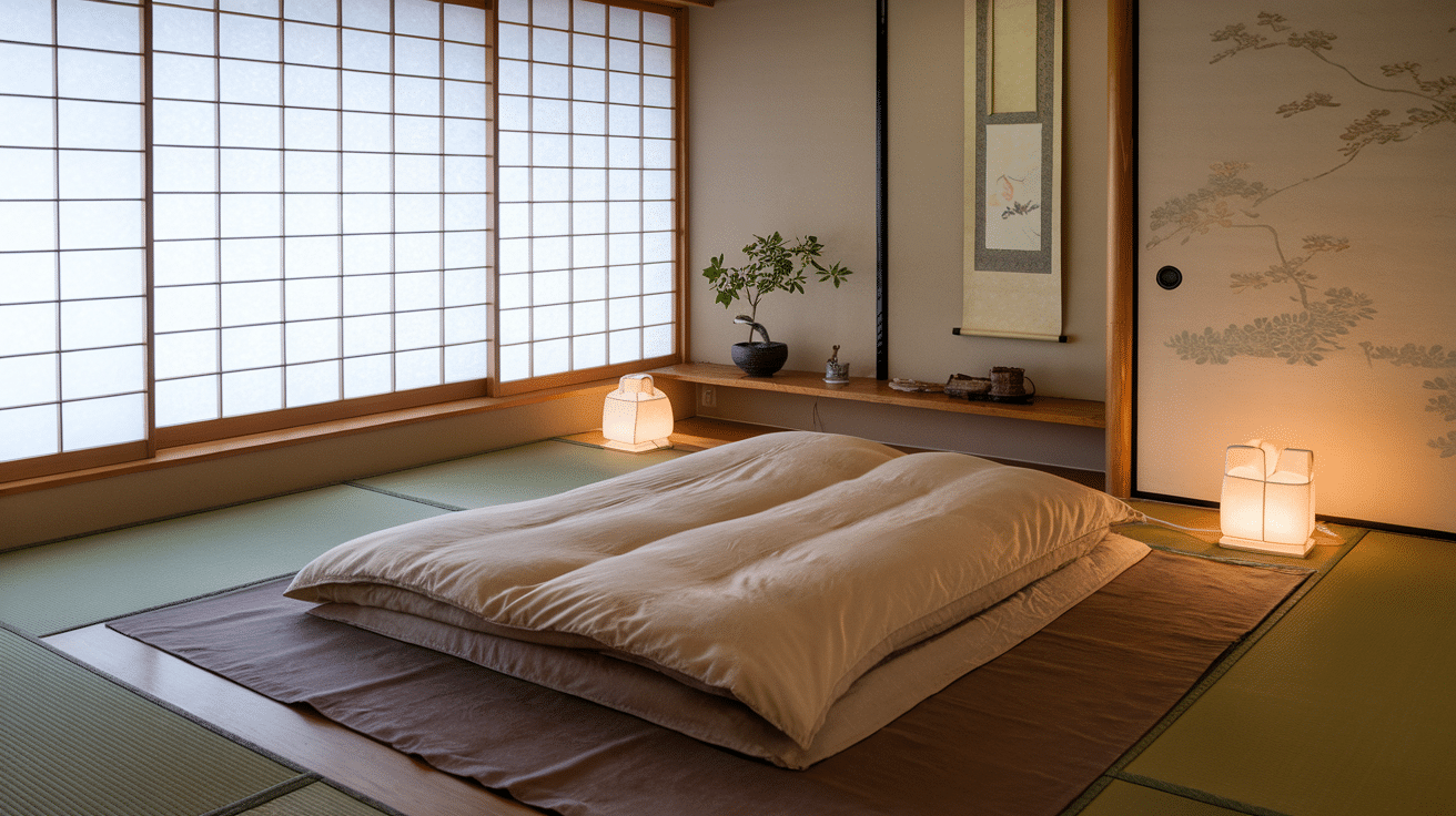 Japanese-style bedroom with a low futon bed, tatami mats, shoji screens, and warm ambient lighting.