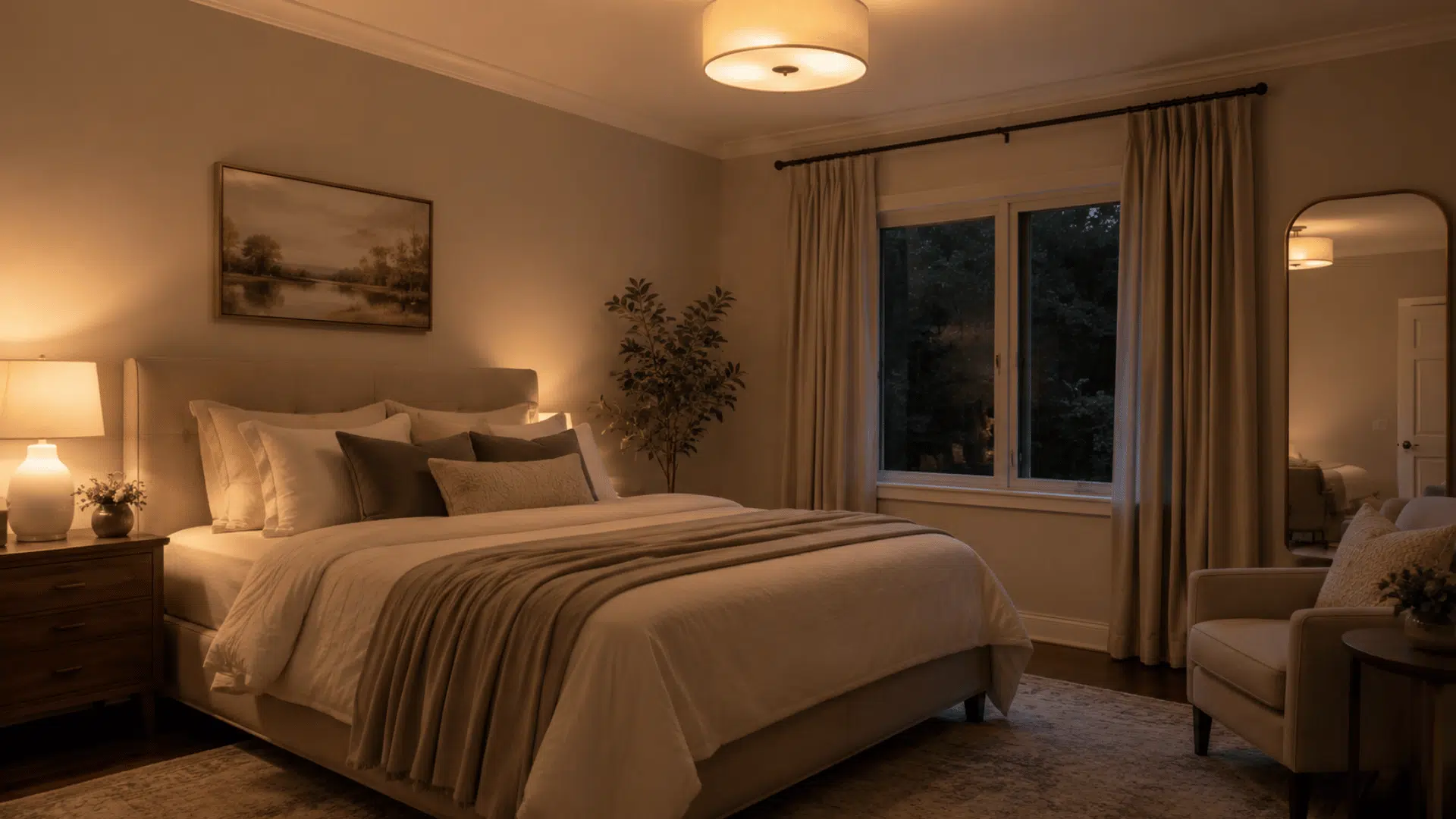 Bedroom lit with soft white warm lighting
