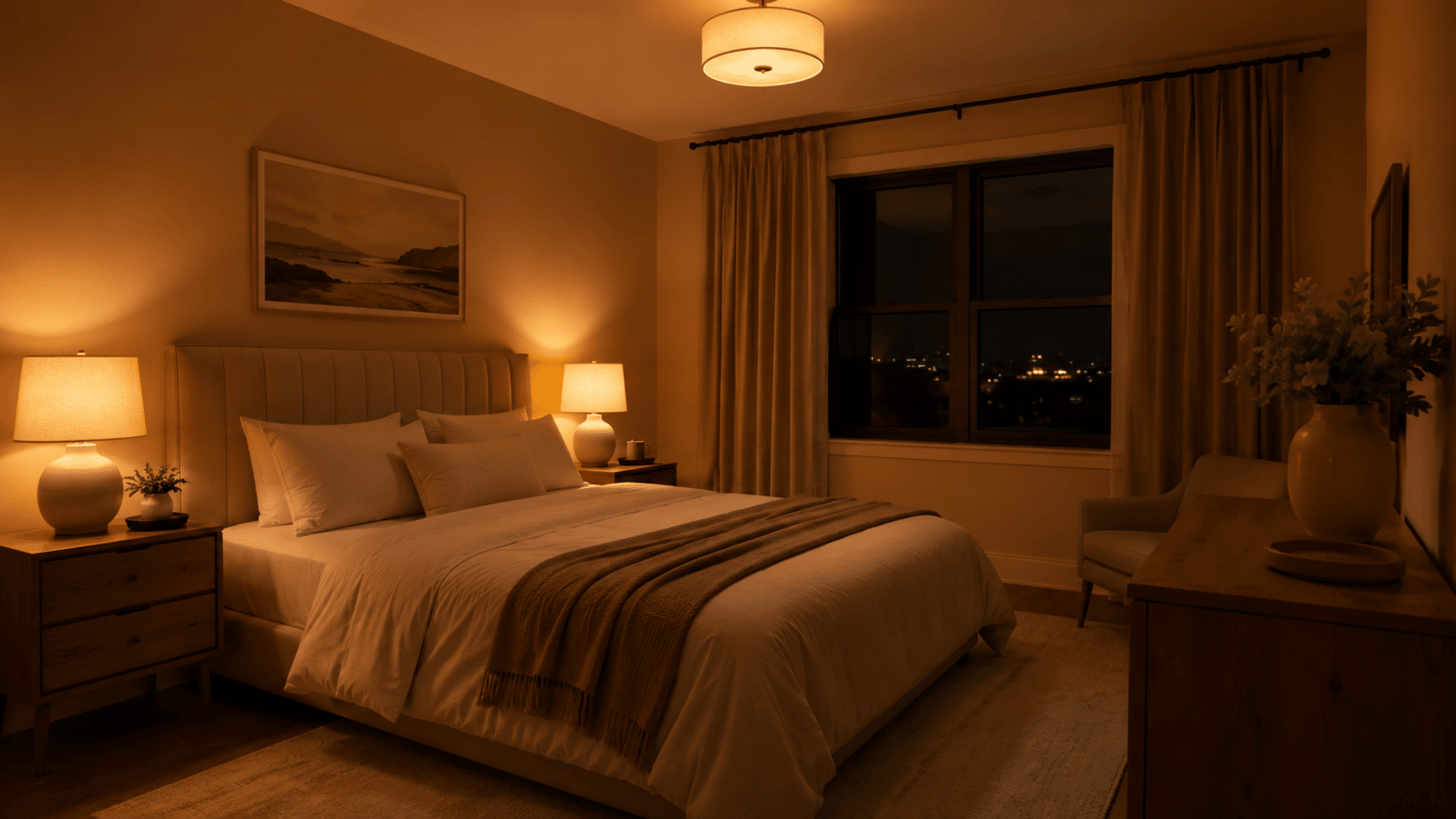 Bedroom lit with warm 2700K ambient lighting