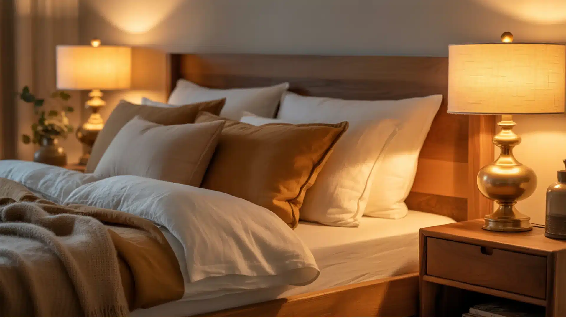 Bedroom with warm white bedside lamps creating a calm, restful and sleep-friendly environment