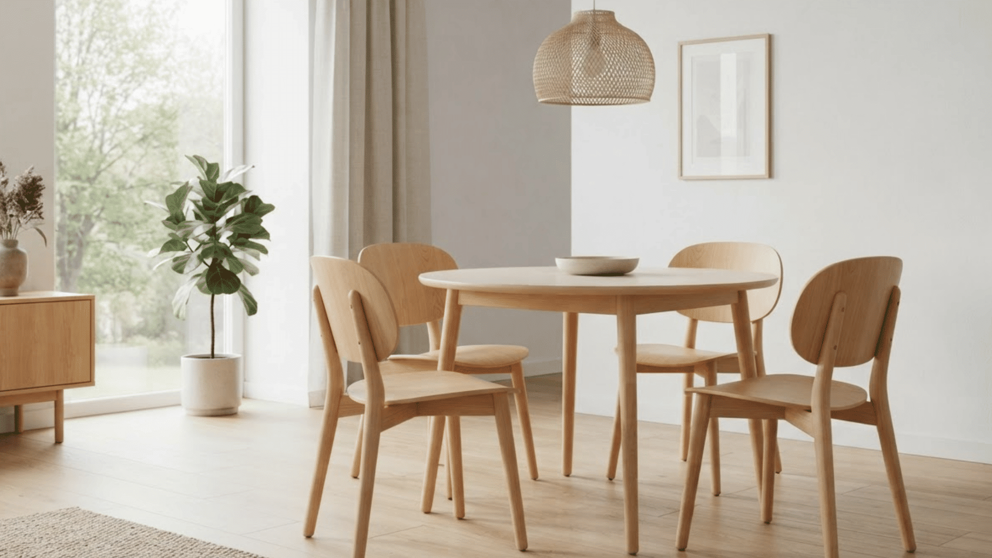 Light beech chairs and table with fine grain and curved forms in a modern dining room