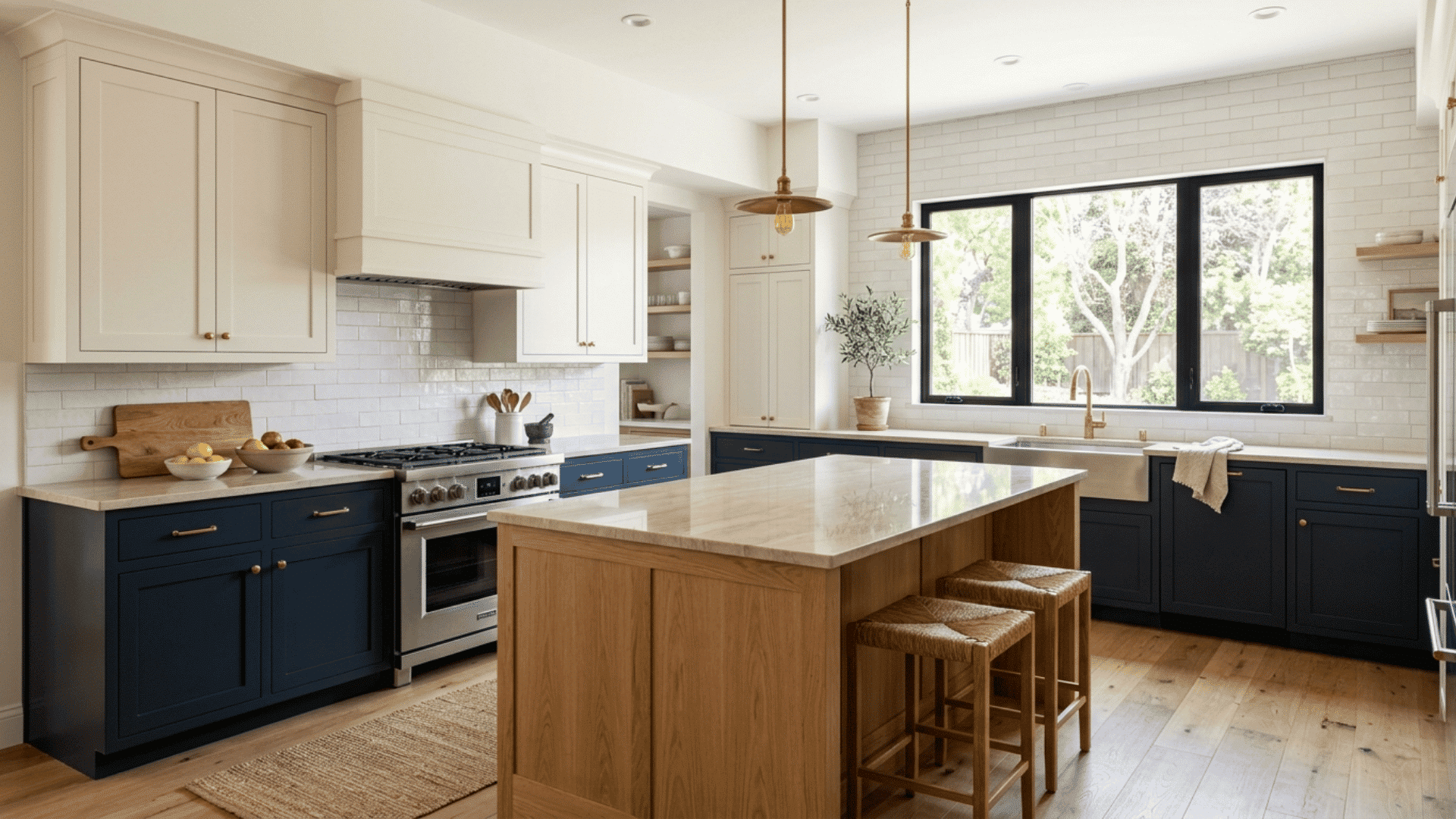 Navy lower cabinets and a wood island in a bright two-tone kitchen