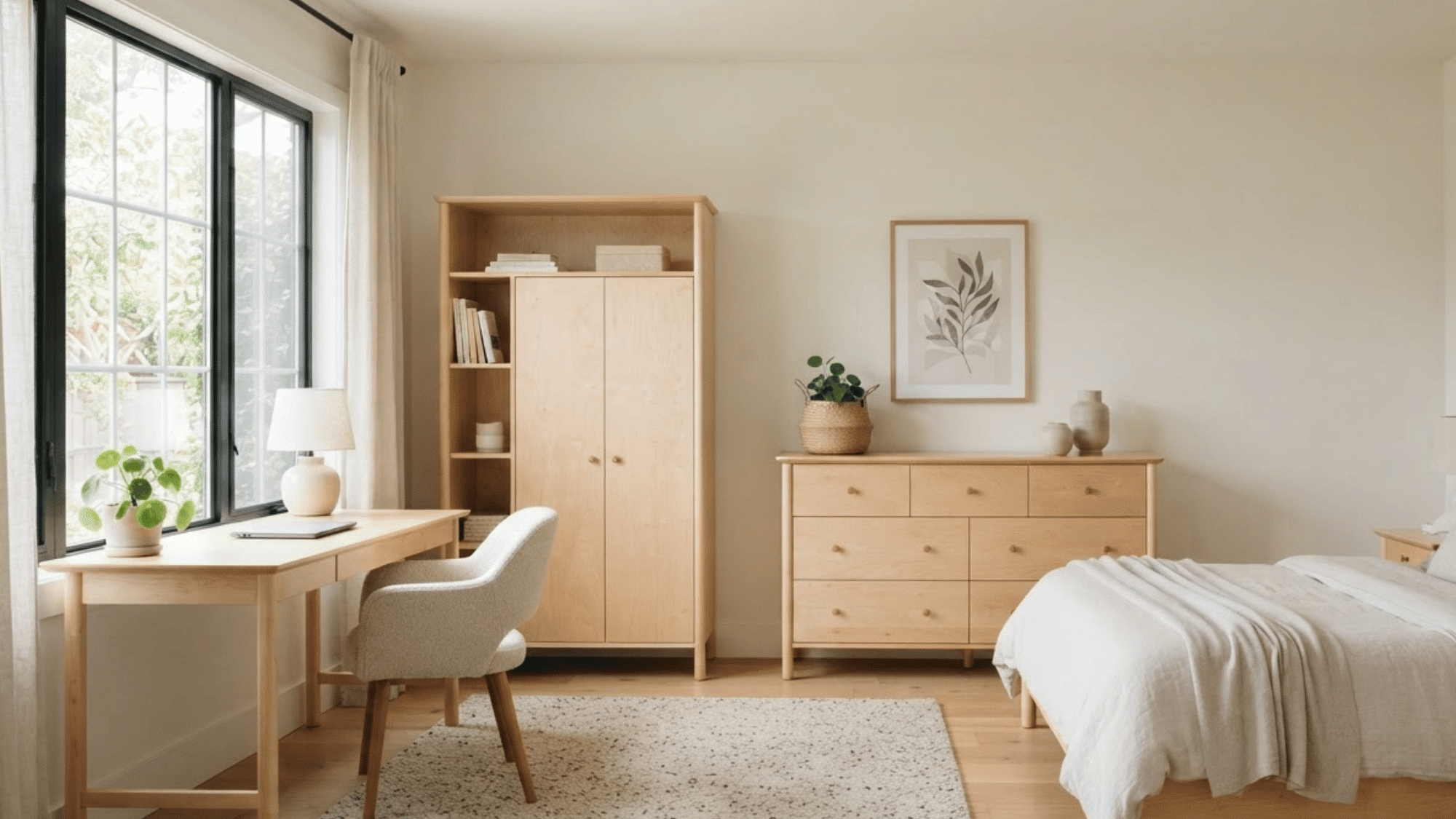 Pale birch dresser and cabinet with smooth grain in a bright, clean bedroom setting