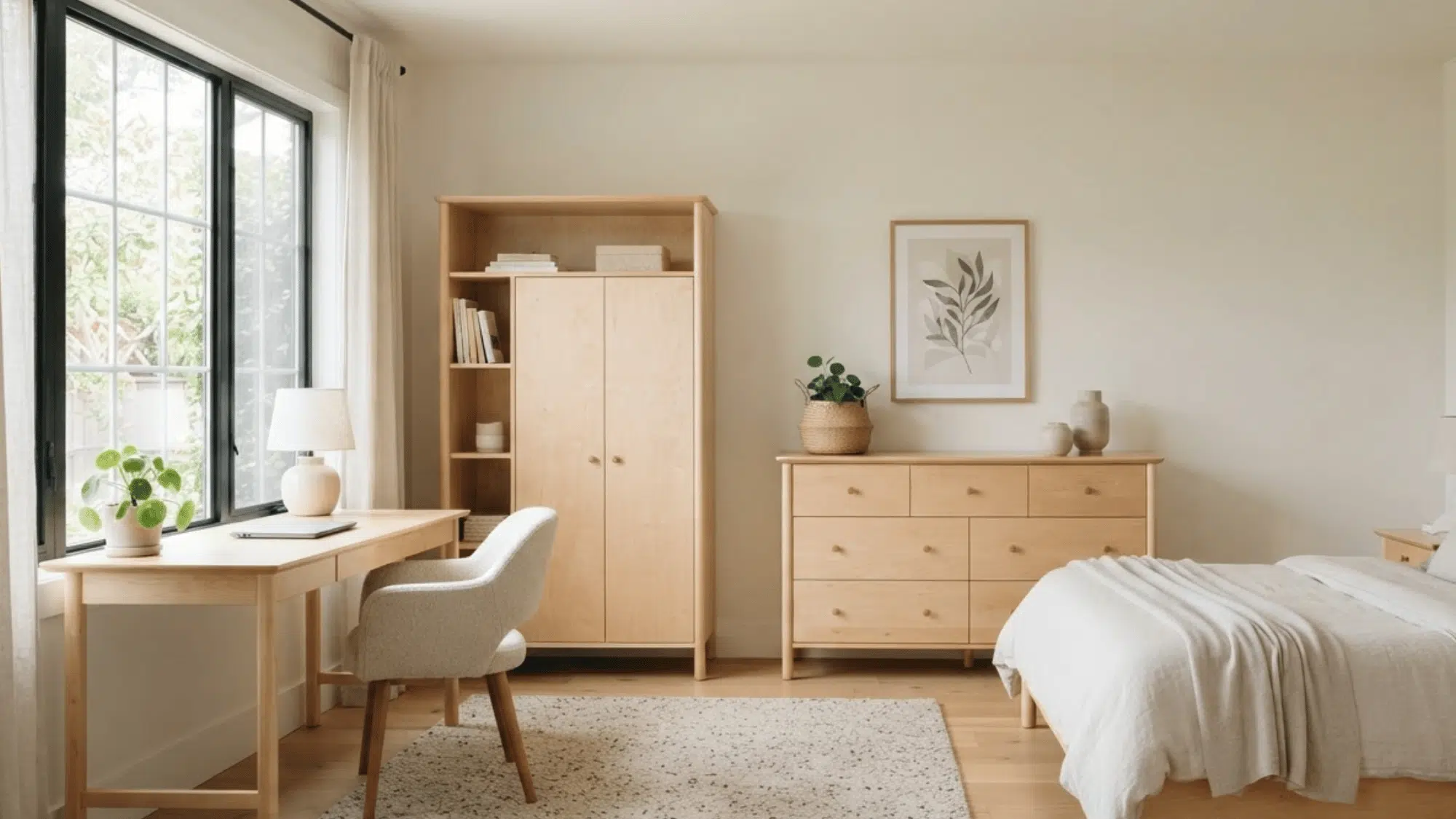 Pale birch dresser and cabinet with smooth grain in a bright, clean bedroom setting