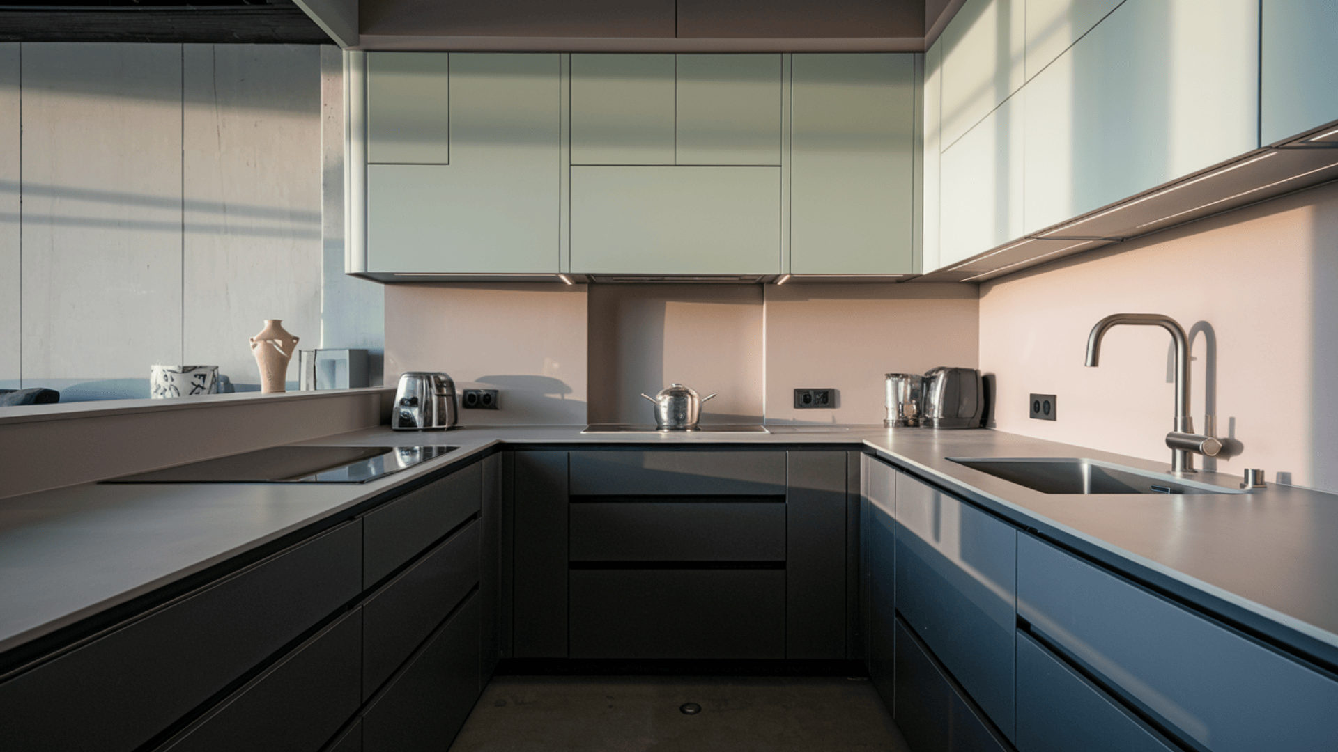 modern kitchen with black lower cabinets, pale grey uppers, and warm wood countertops