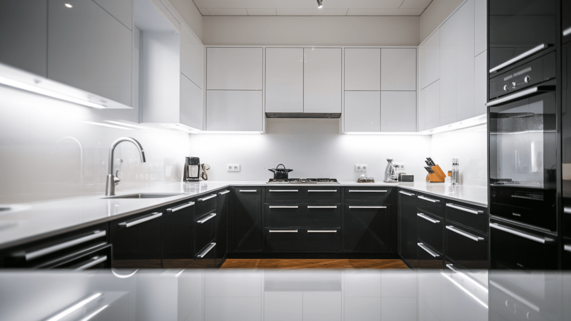 sleek black and white kitchen with glossy floors, dark cabinets, and built-in ovens