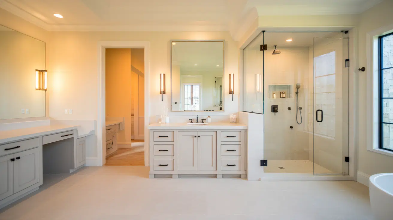 tiled bathroom with black shower fittings, brass vanity legs, and a large city-view window