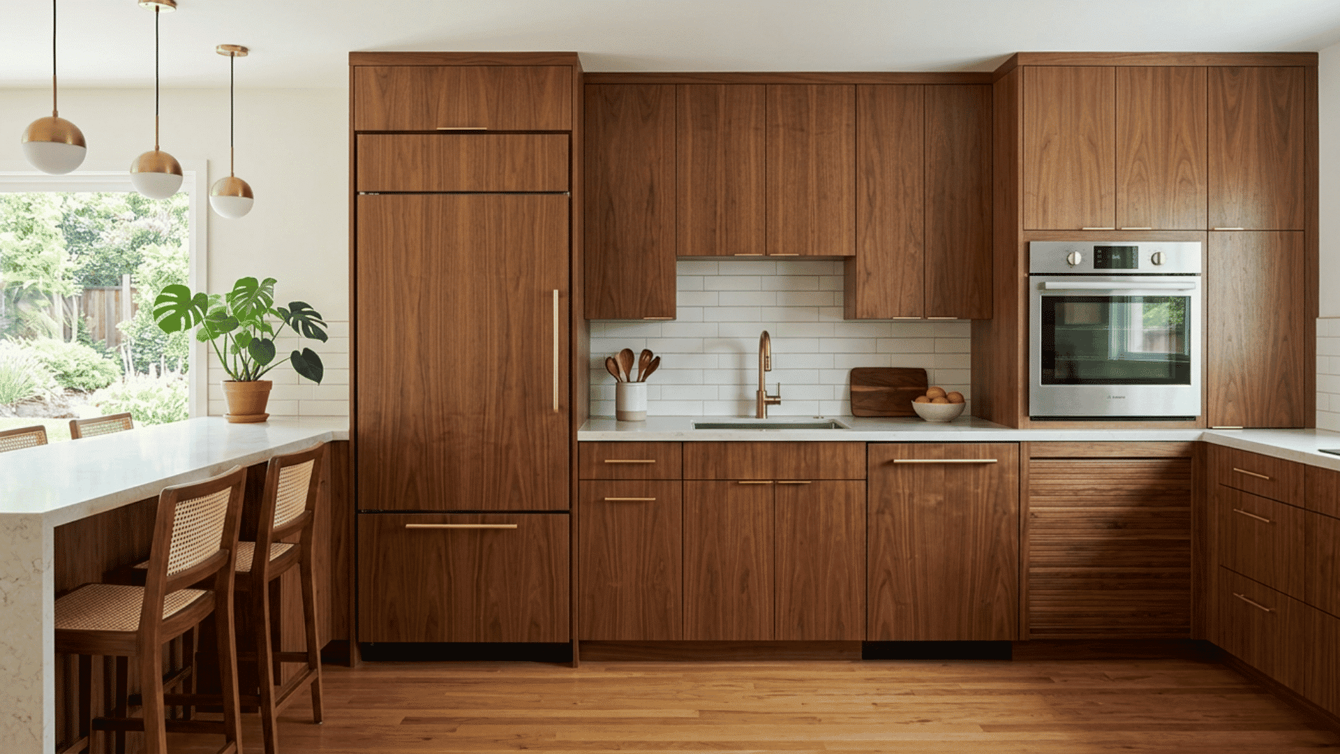 Modern appliances fitted into walnut mid-century cabinets