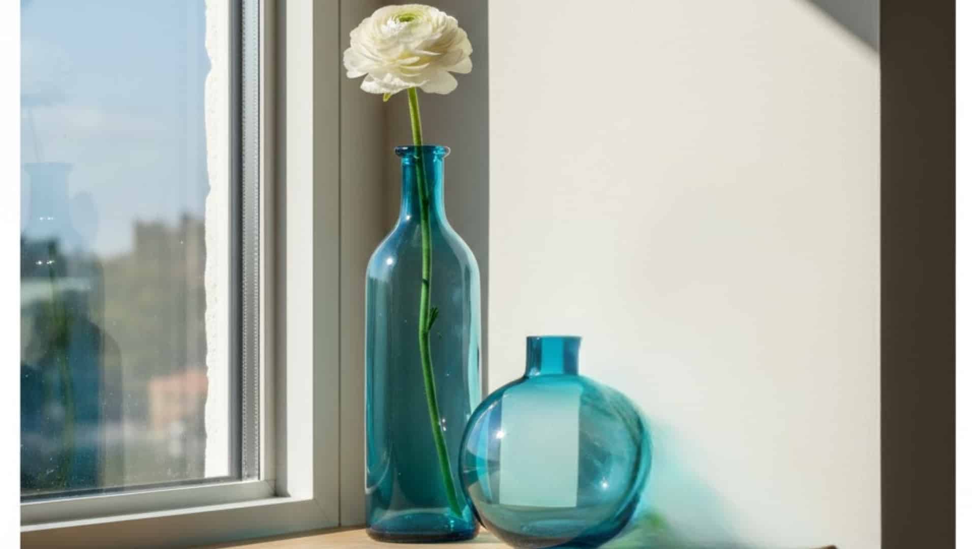 blue glass vases displayed beside a bright window with a single white flower