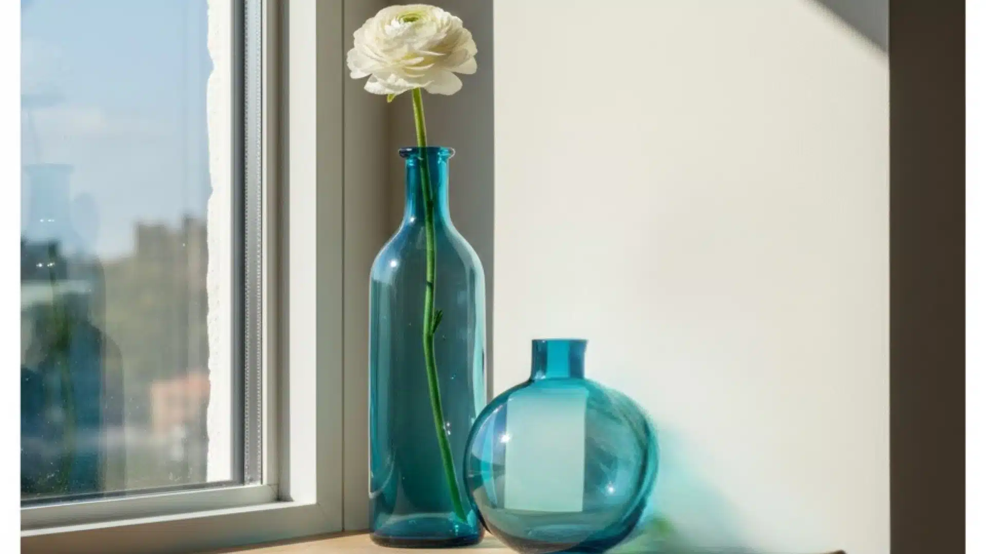 blue glass vases displayed beside a bright window with a single white flower