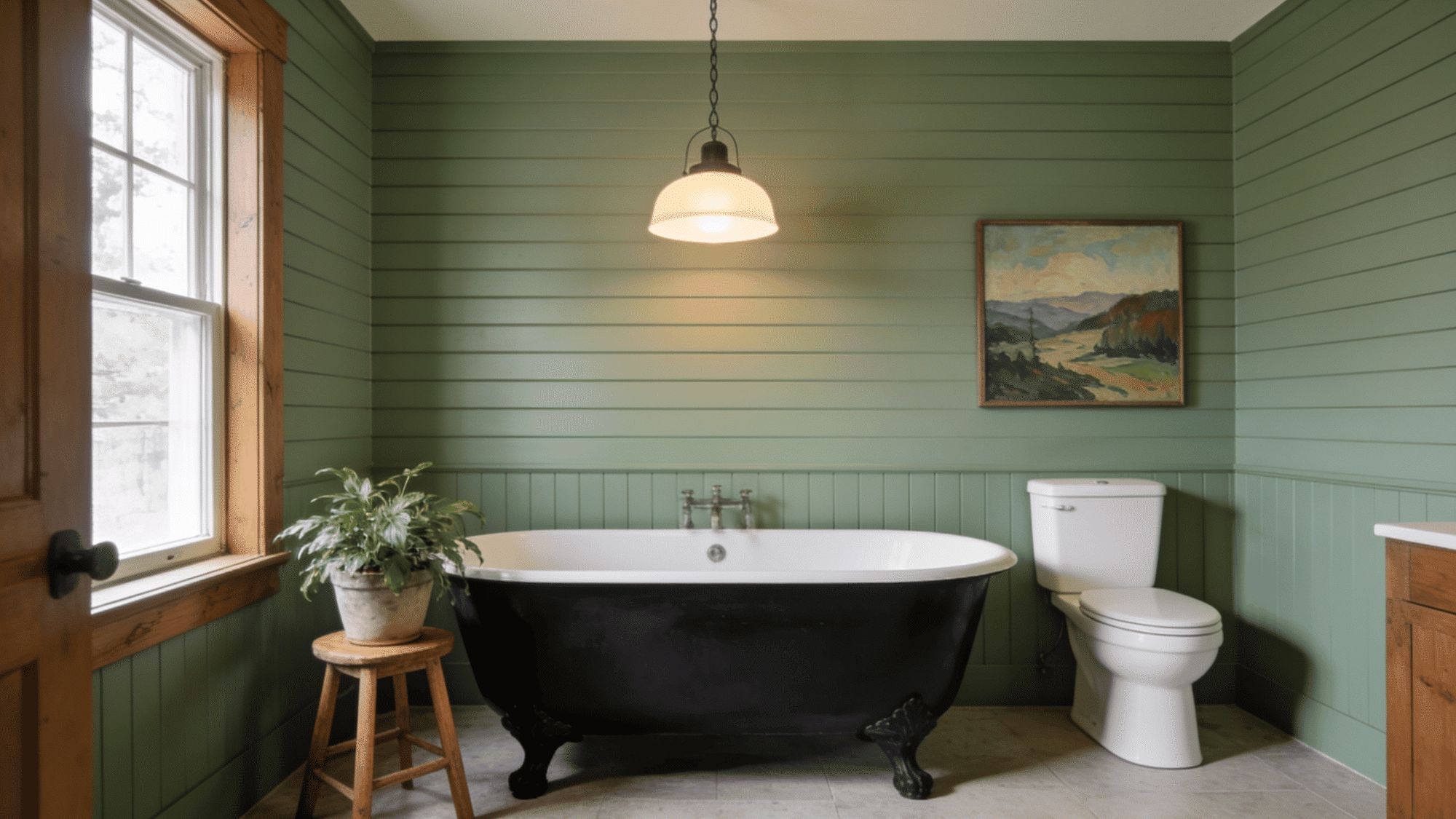 green board and batten bathroom wall with freestanding tub, wooden accents, plant, and warm lighting.