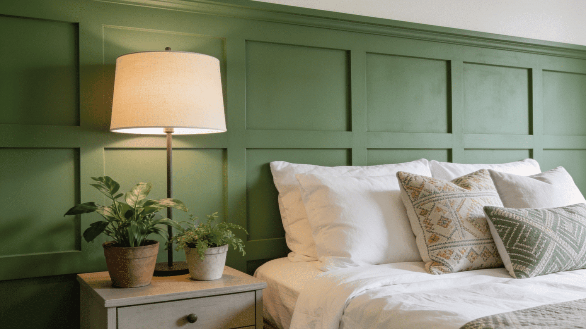 green board and batten bedroom wall with white bedding, pillows, plants, and warm lighting creating a cozy space.