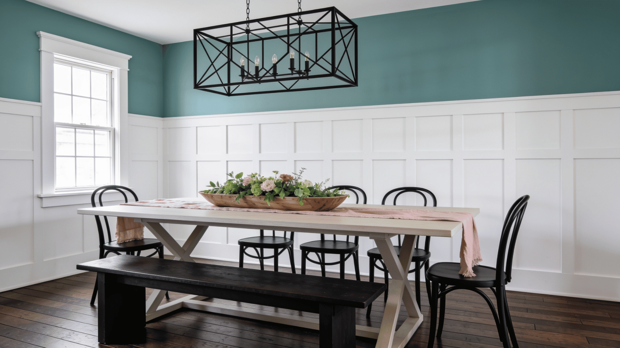 white board and batten dining room wall with long table, black chairs, floral centerpiece, and modern lighting.