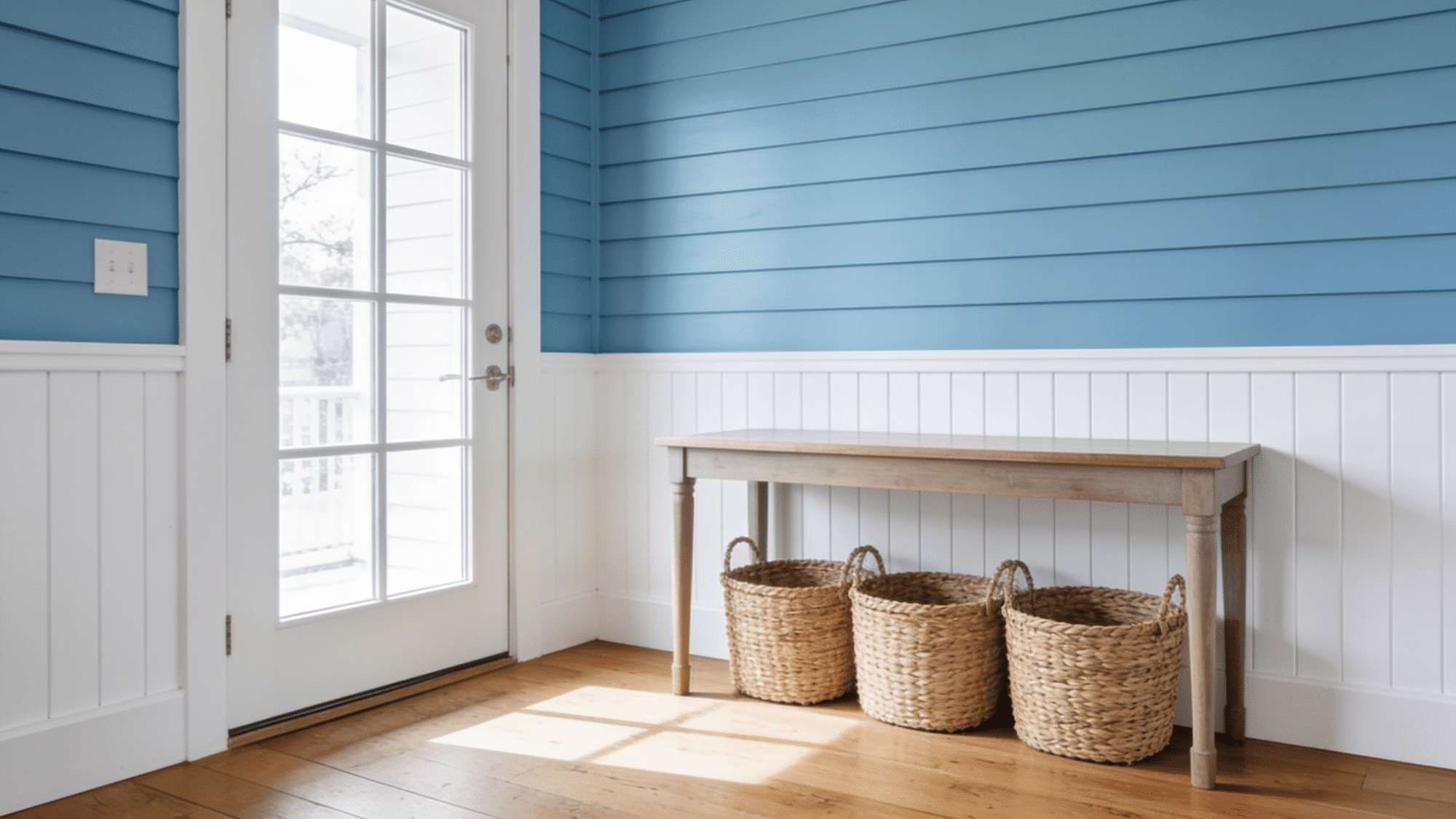 blue and white board and batten entryway with wooden console table, woven baskets, and bright natural light.