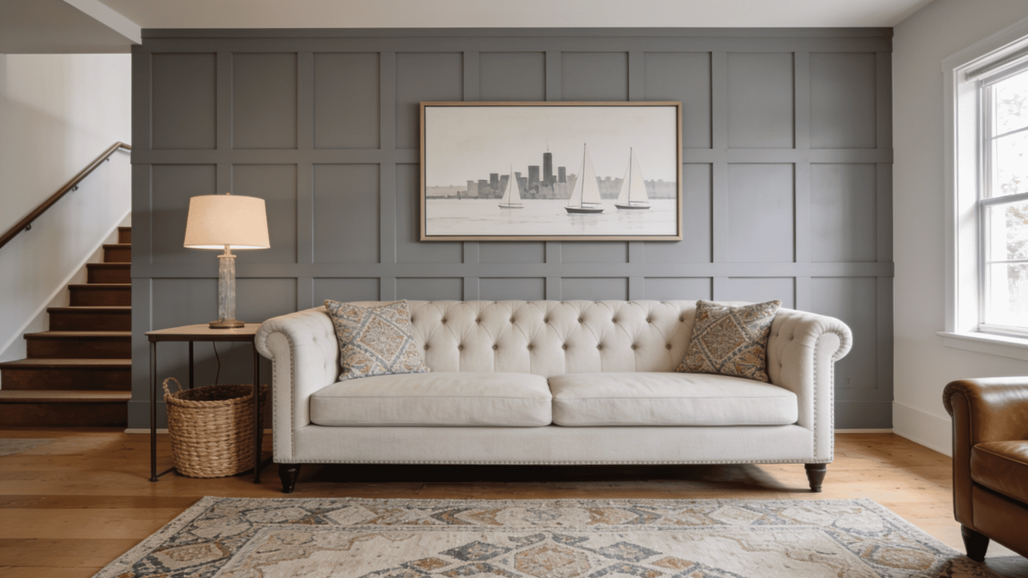 gray board and batten living room wall with white sofa, framed artwork, lamp, and neutral modern décor.