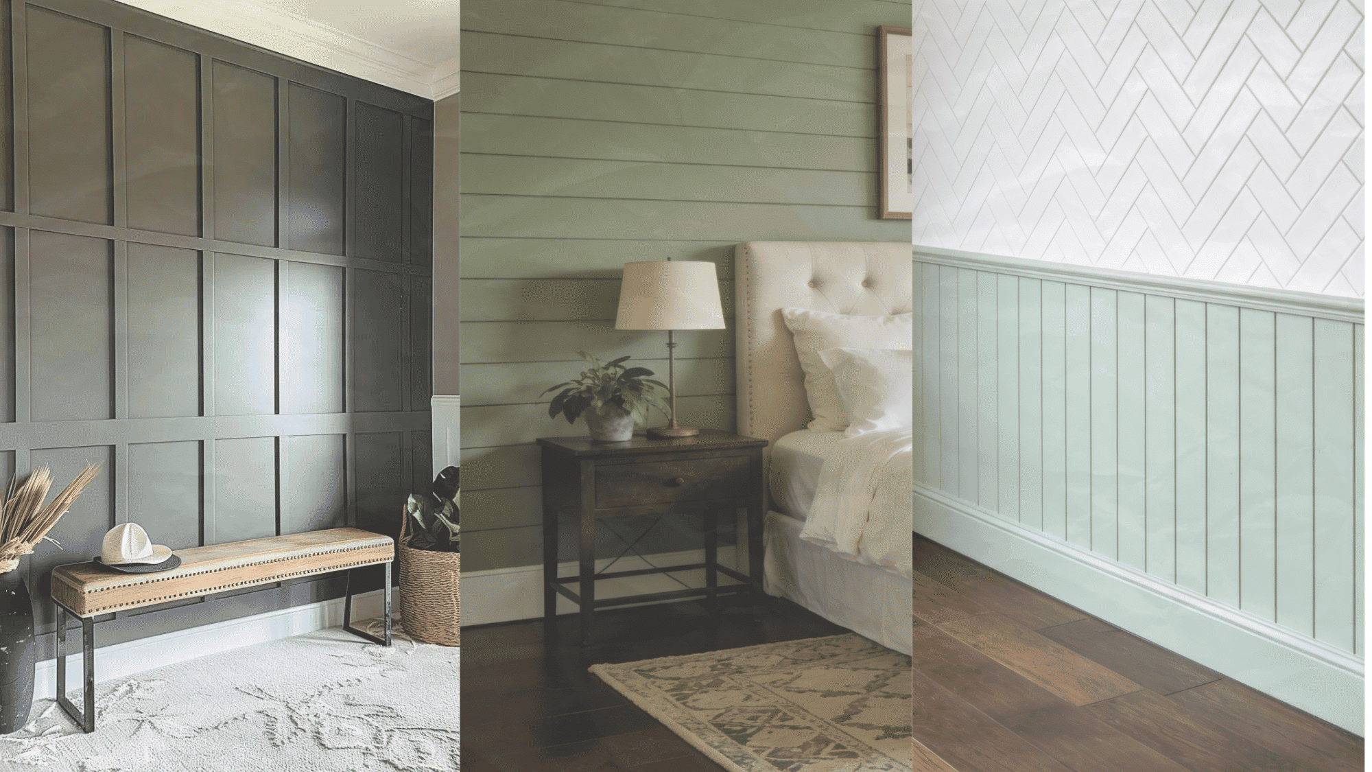 Three board and batten wall styles: dark gray entryway panels, sage green shiplap bedroom, and white herringbone with light blue wainscoting