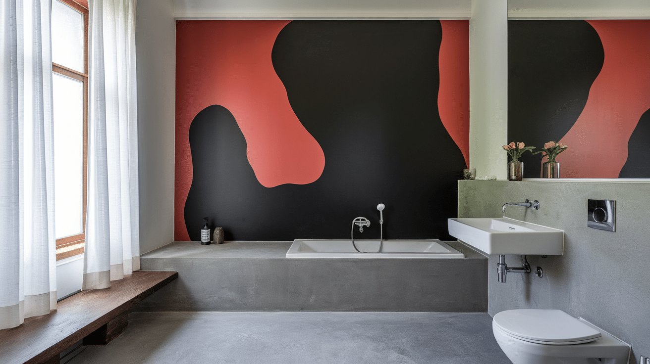 bathroom with a red and black accent wall behind a built-in tub and modern vanity