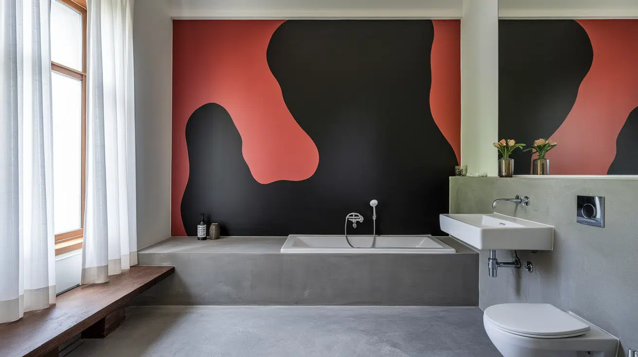 bathroom with a red and black accent wall behind a built-in tub and modern vanity
