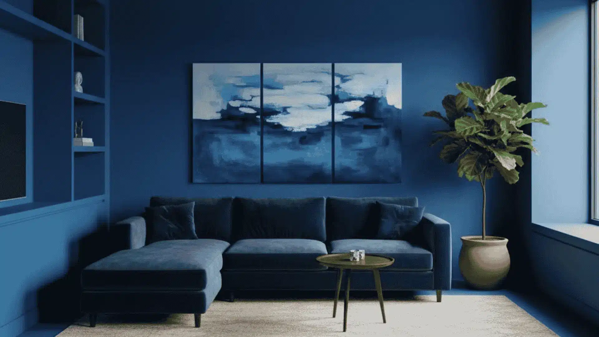 Bold interior design showcasing a monochromatic blue living room with a dark velvet sofa and minimalist shelving