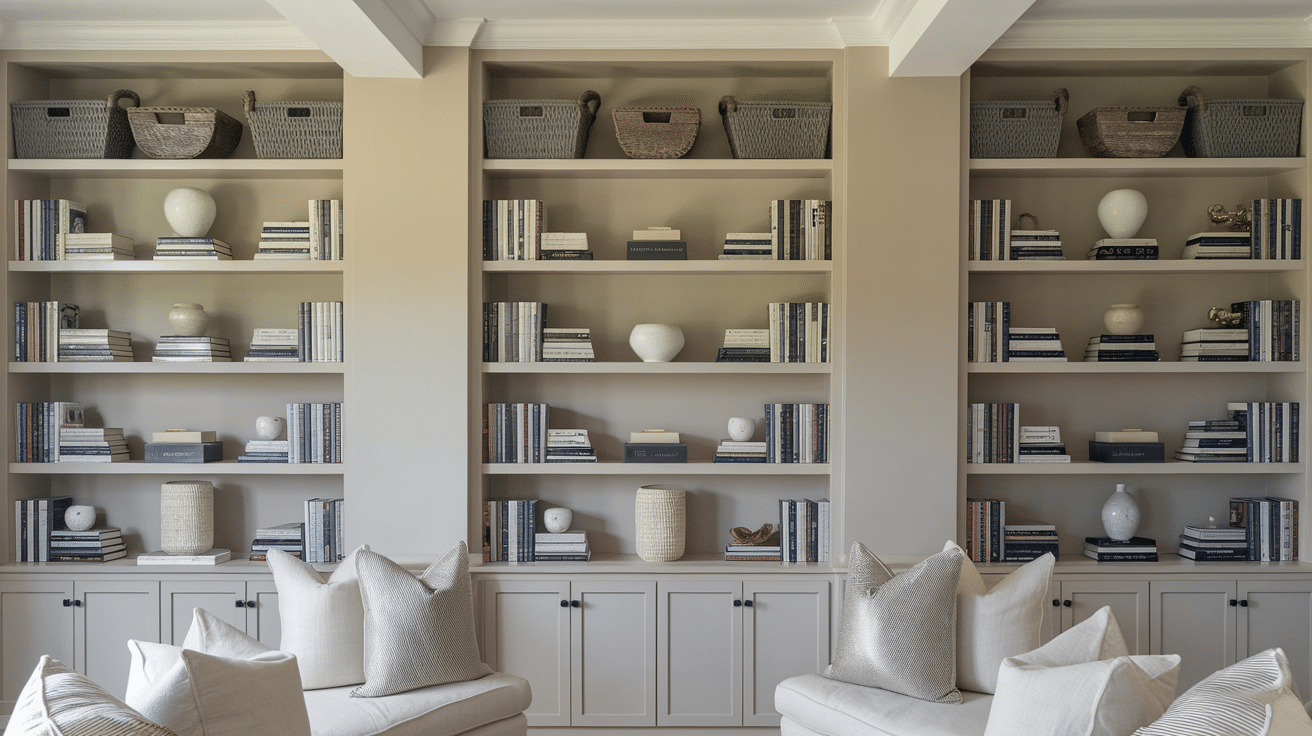built-in bookshelves filled with books, bowls, vases, and decorative objects