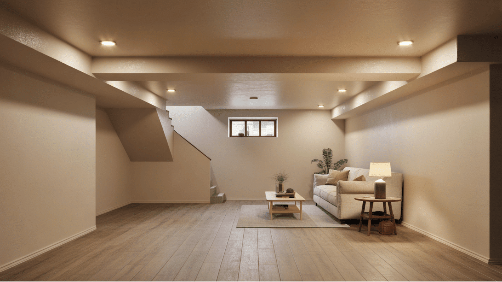 bright open basement with pale flooring, recessed lights, and a small seating area