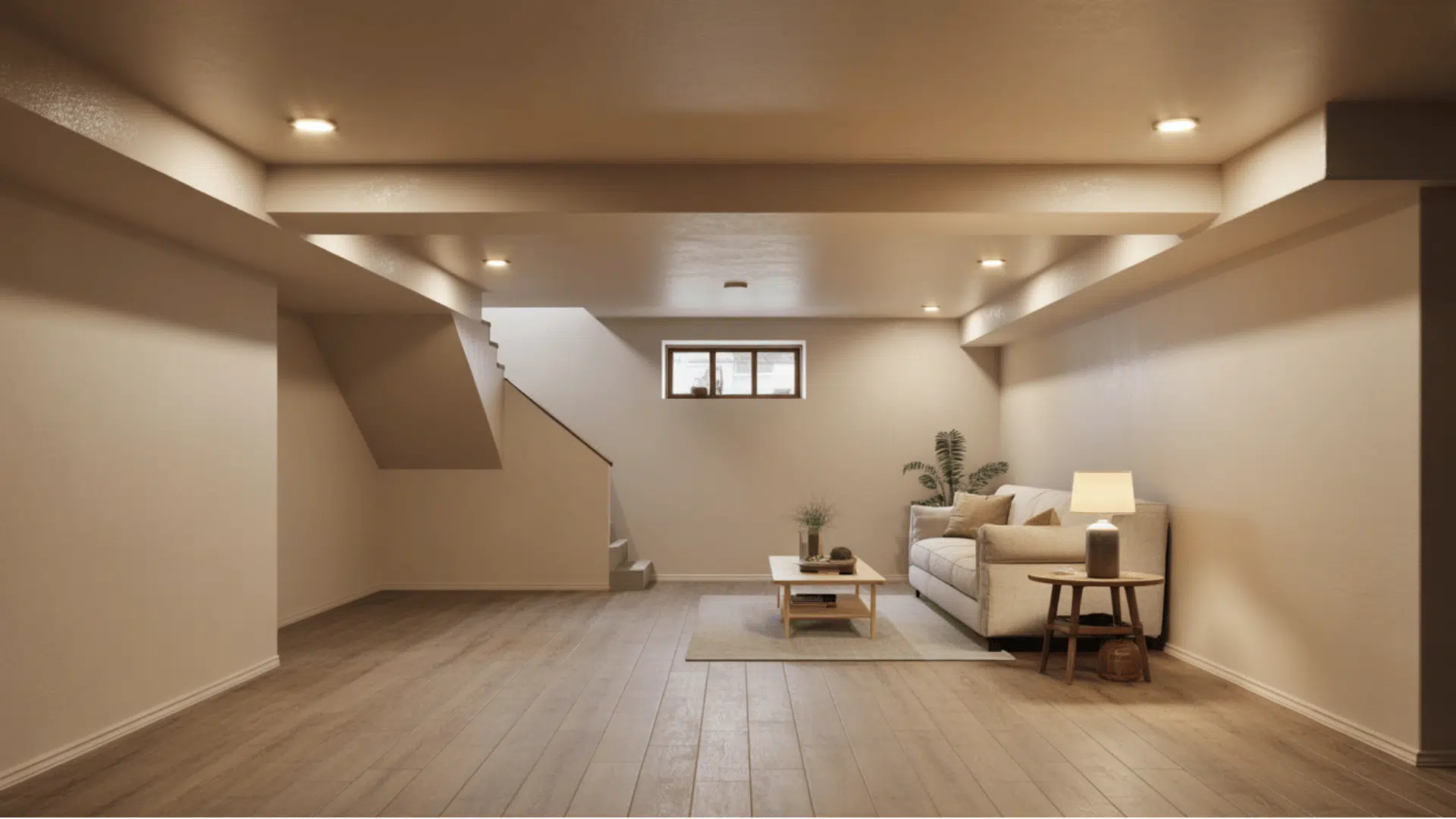 bright open basement with pale flooring, recessed lights, and a small seating area