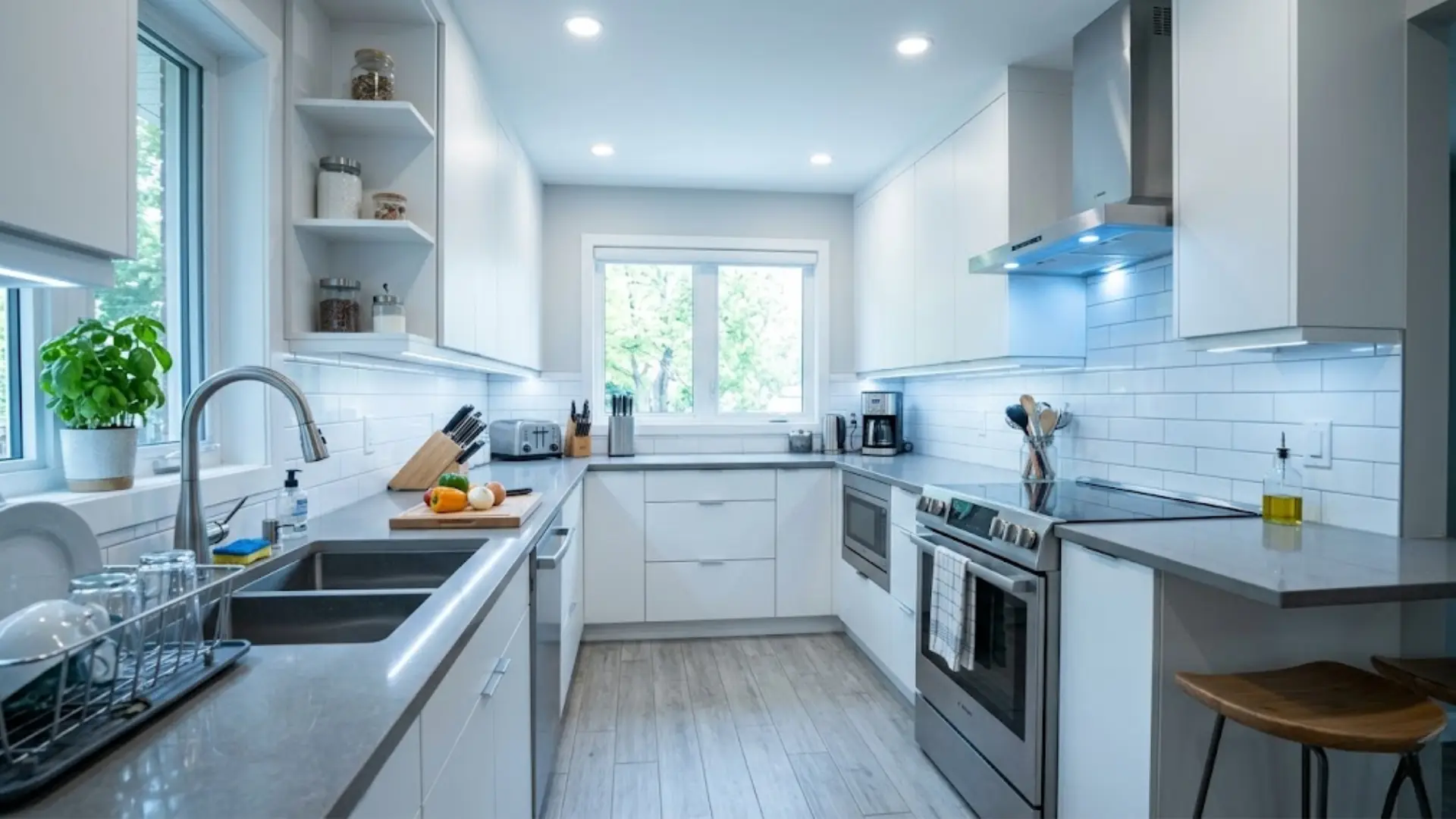 Bright modern kitchen with cool white lighting enhancing clarity, cleanliness, and everyday cooking visibility
