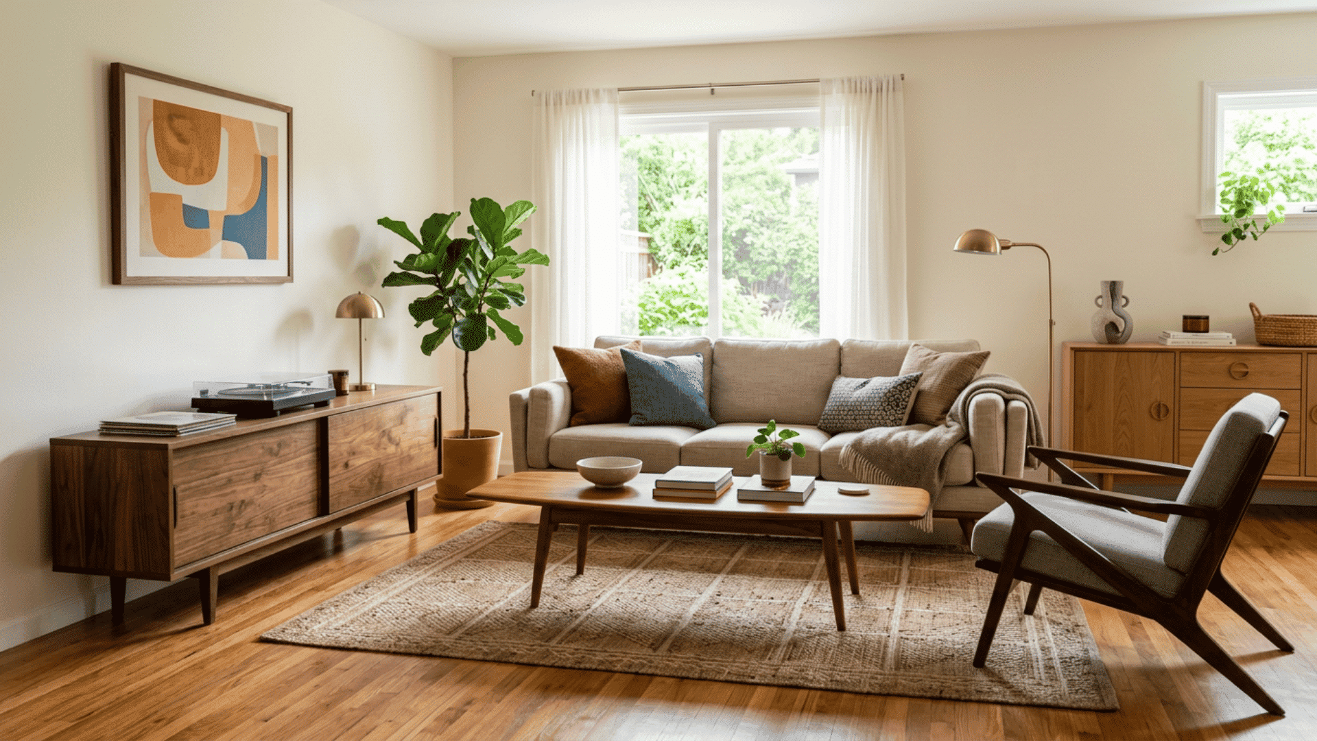 Mid-century living room with walnut, teak, and oak furniture