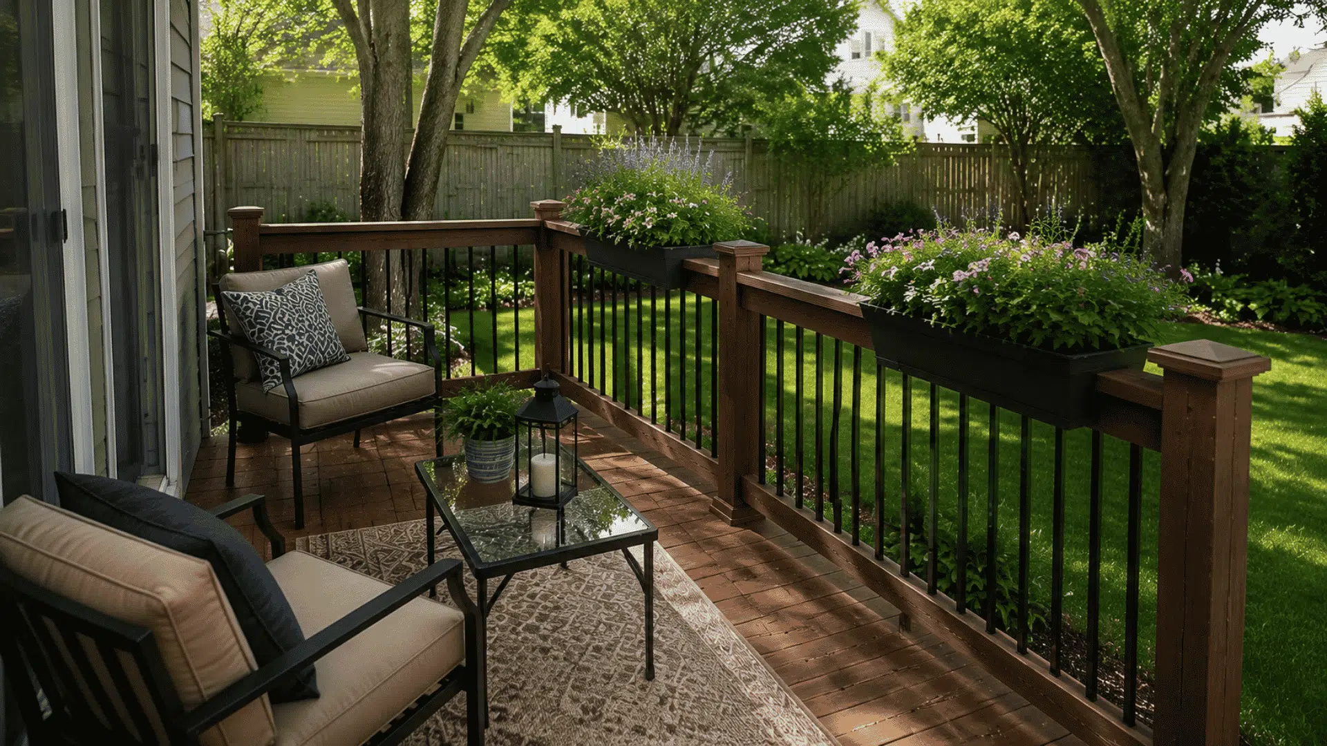 Small deck refreshed with new stain, cushions, and railing planters for a budget upgrade.
