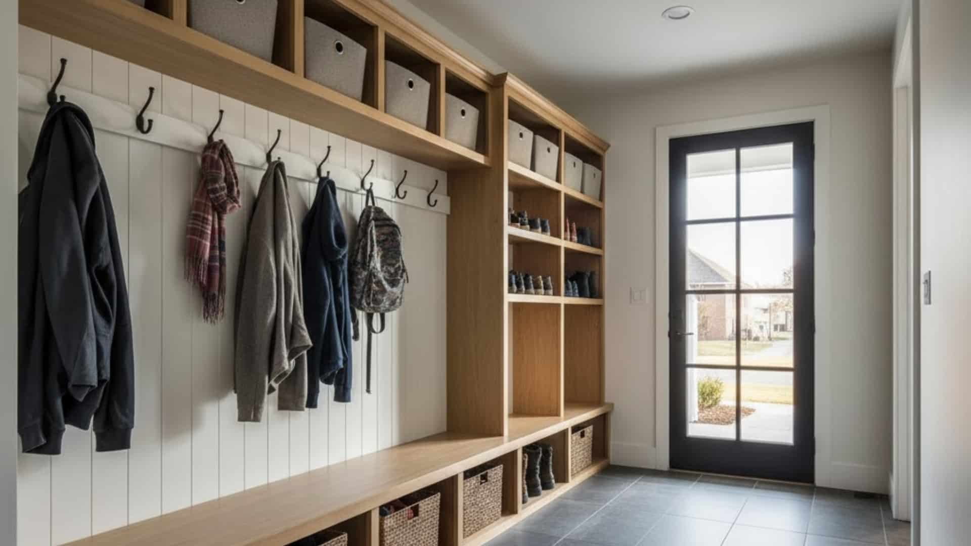 modern mudroom with built-in benches, coat hooks, storage cubbies, and organized entryway.