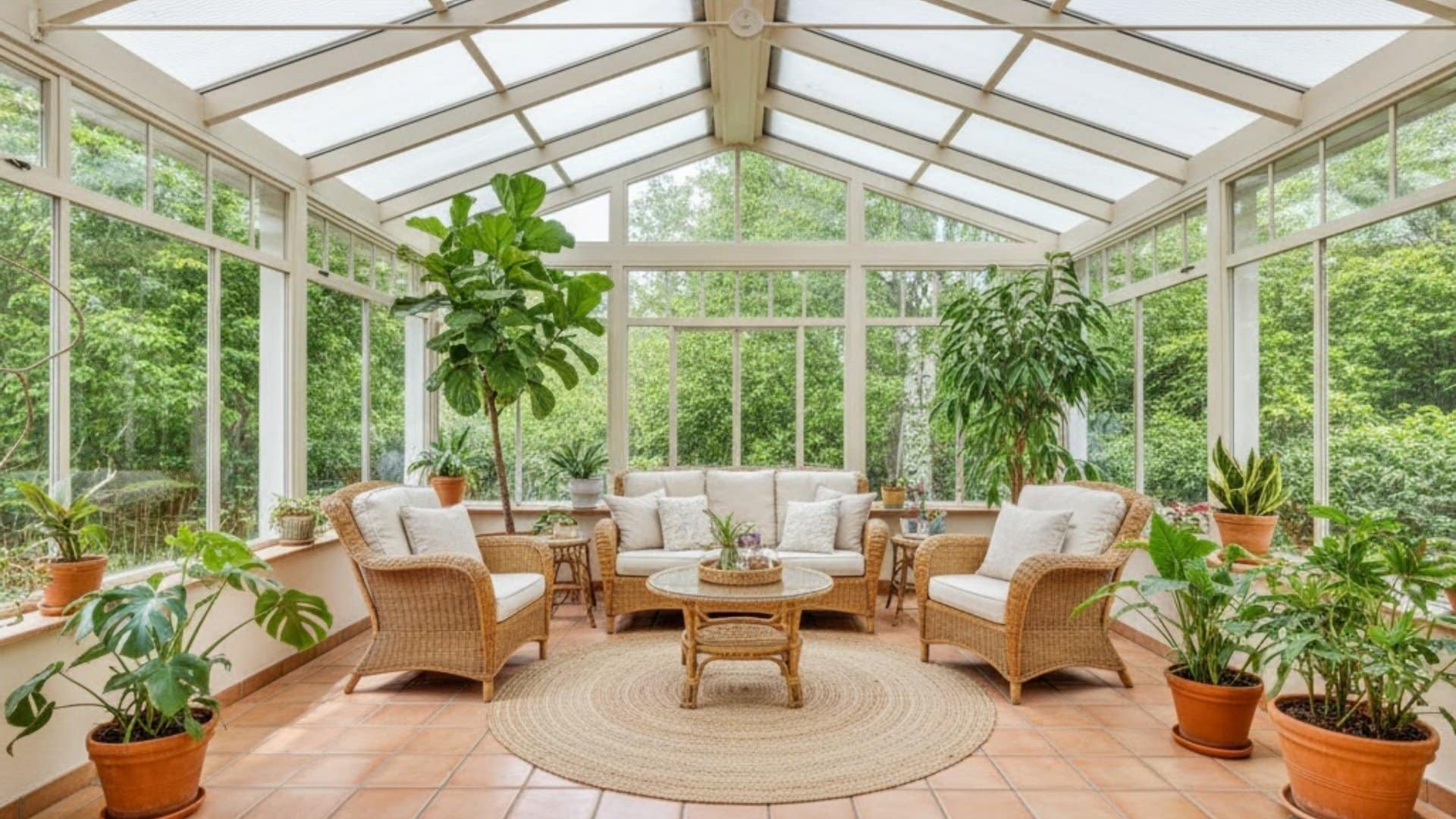 bright sunroom with wicker seating, large windows, indoor plants, and garden views.