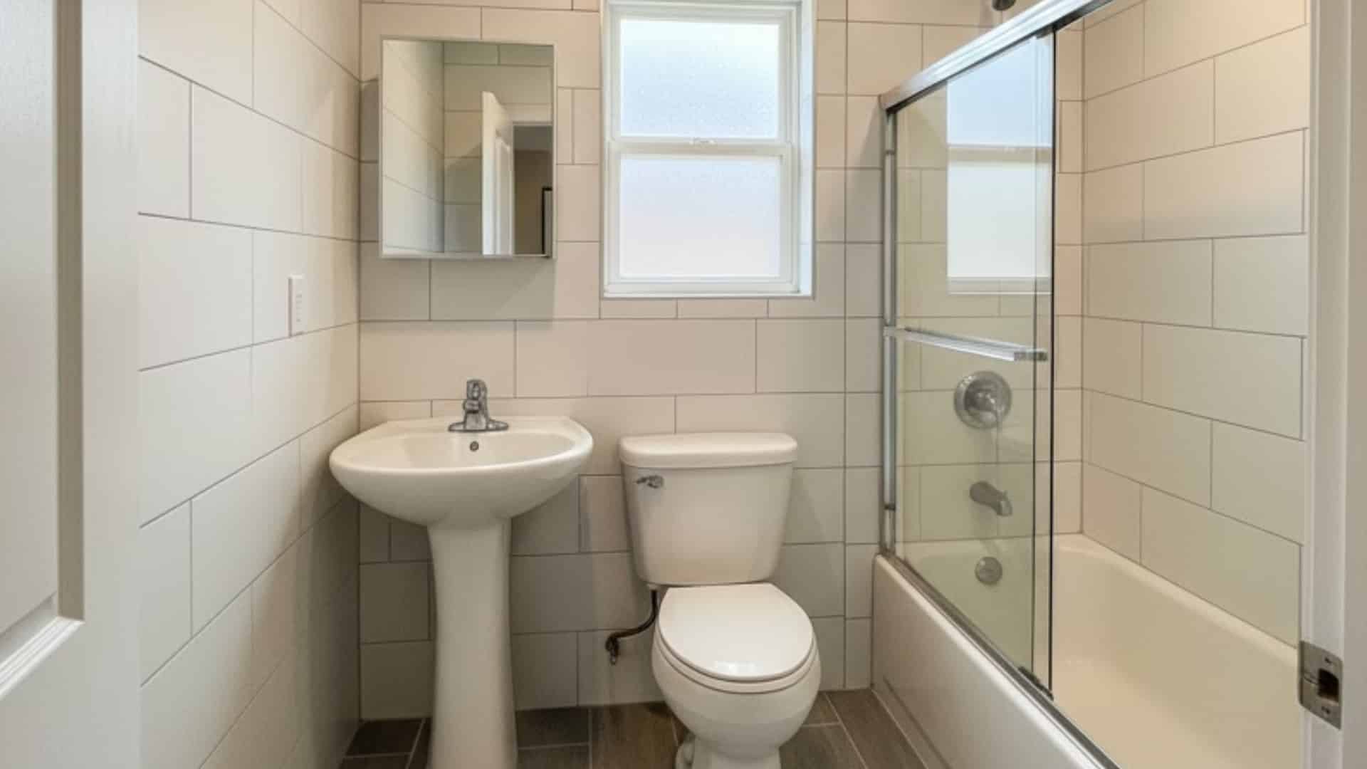 modern bathroom addition with pedestal sink, toilet, tiled walls, and glass shower enclosure.