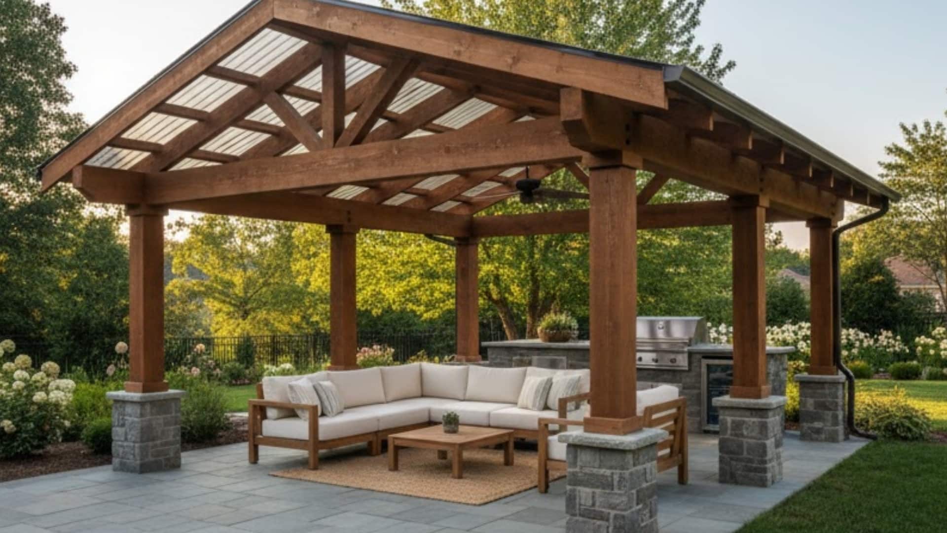 covered outdoor living area with timber pavilion, patio seating, and backyard kitchen.