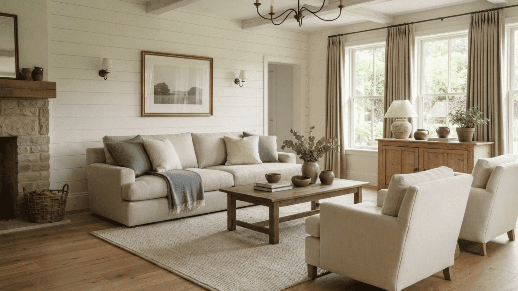 farmhouse living room with warm white walls, oatmeal sofa, wood table, and muted green pillows.