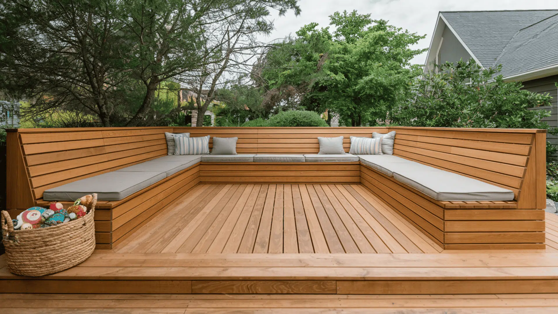 built-in corner bench seating with storage on a wooden deck maximizes outdoor space efficiently.