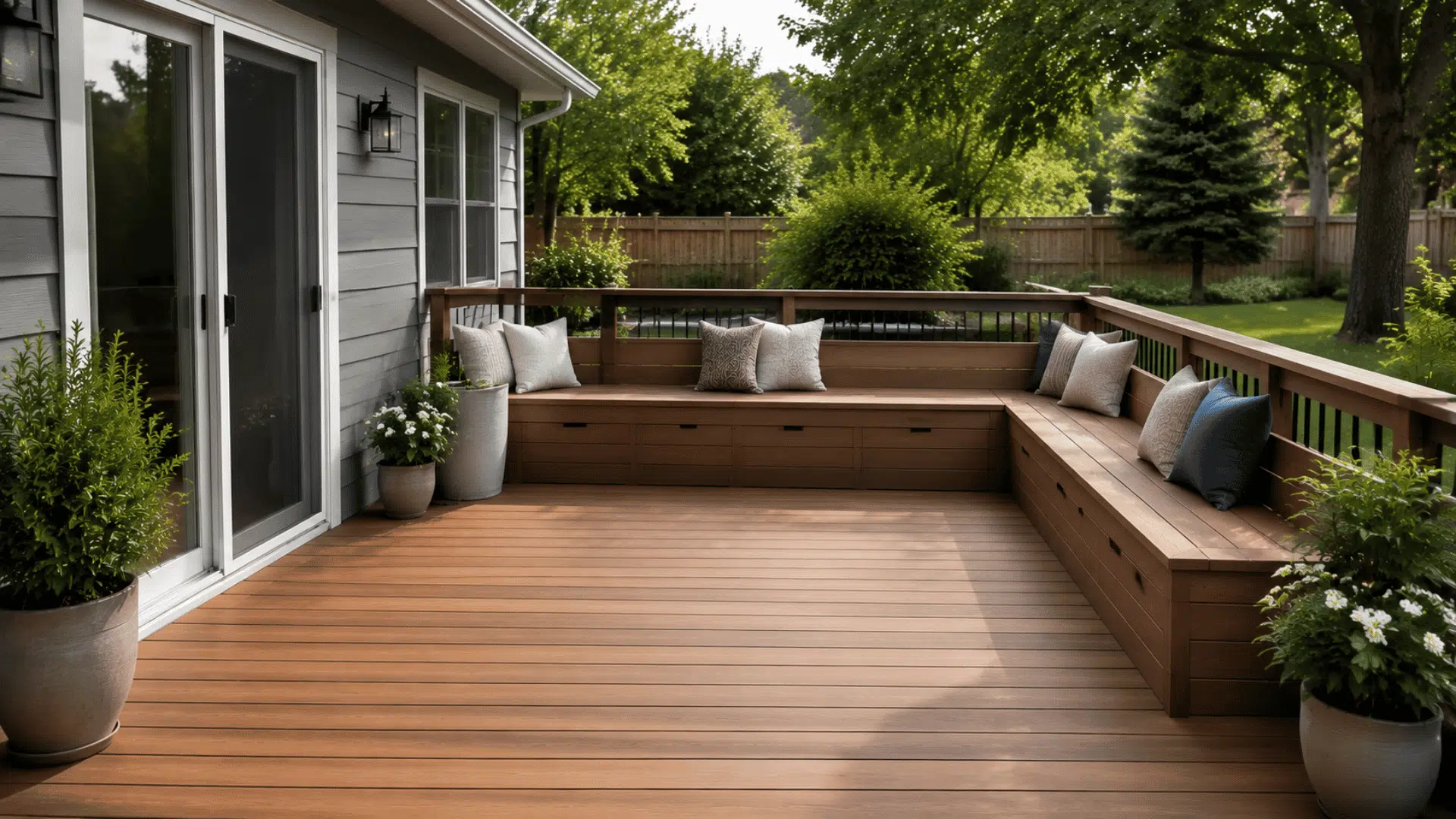 Compact deck with built-in bench seating and hidden storage along the railing.