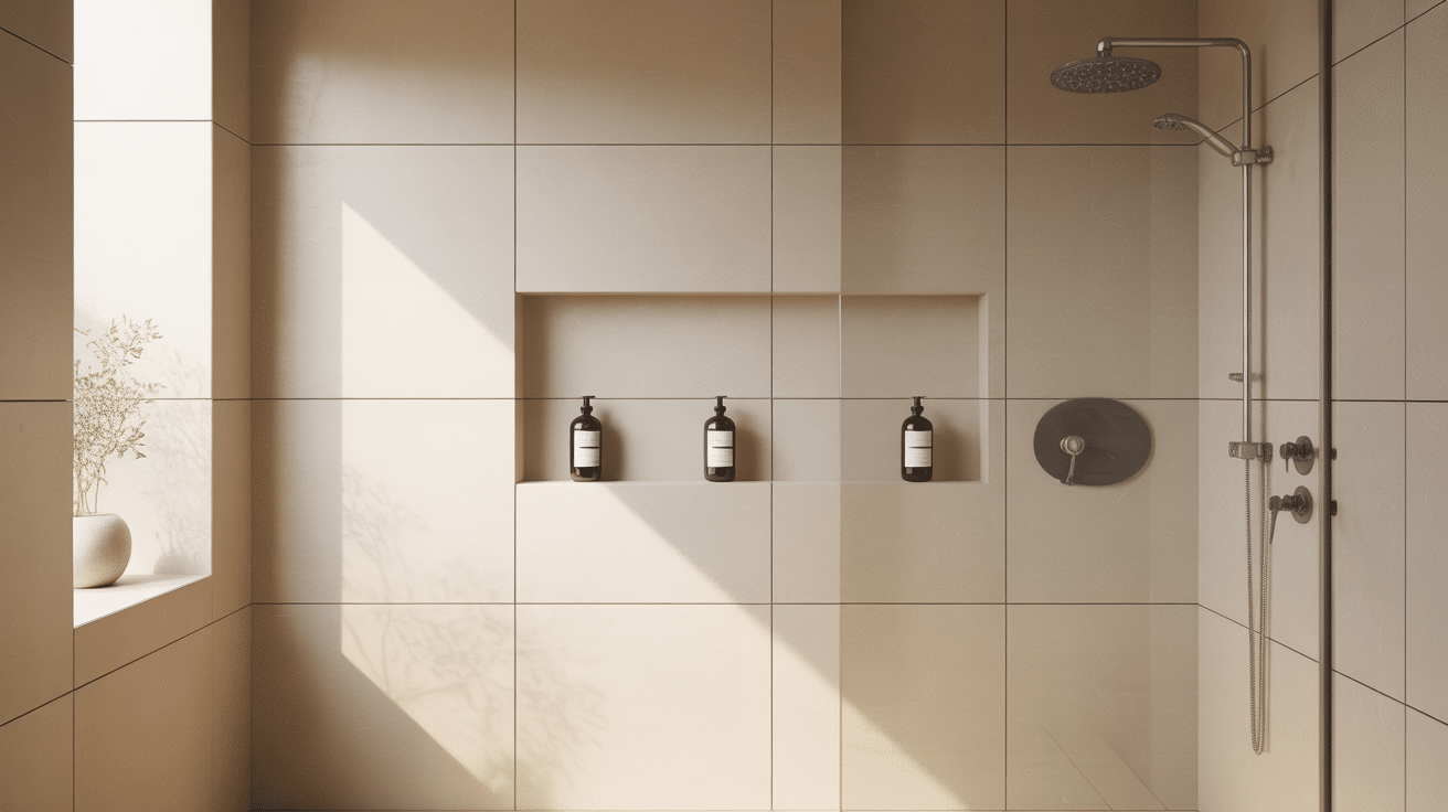 beige tiled shower with a recessed niche holding dark bottles beneath pendant lights