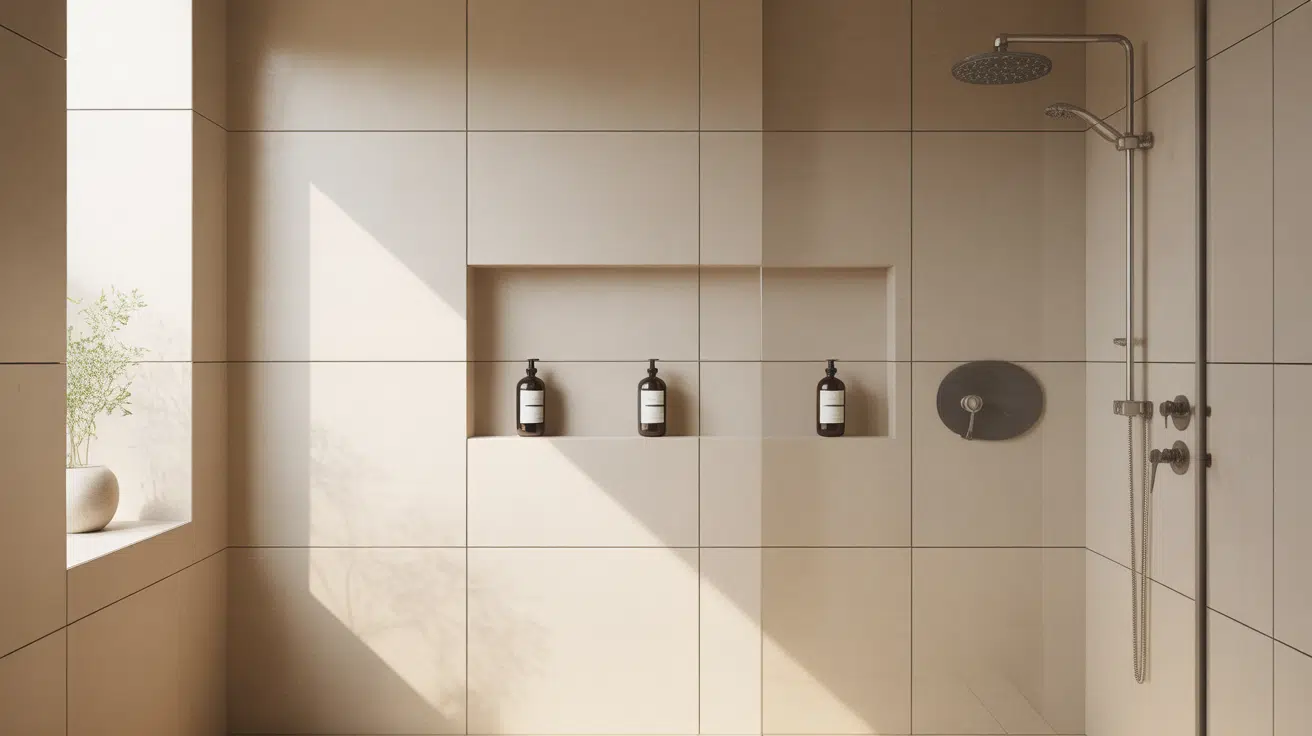 beige tiled shower with a recessed niche holding dark bottles beneath pendant lights