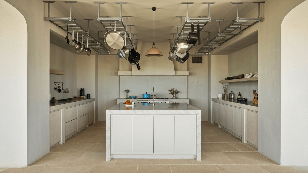 spacious white kitchen with ceiling-mounted racks holding pots, pans, and cooking tools