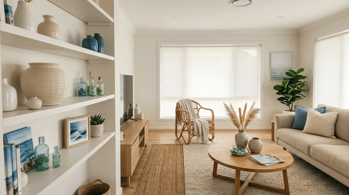 ceramic vases and sea glass accents on open shelves in a coastal living room