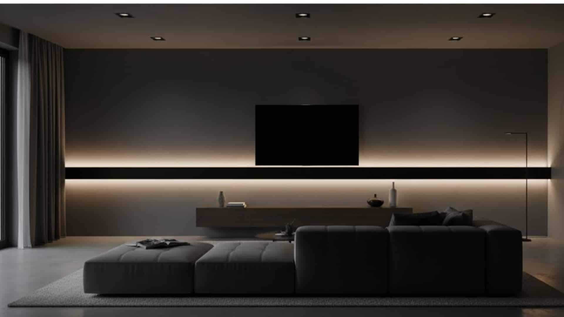 dark modern living room with integrated led lighting running along the chair rail