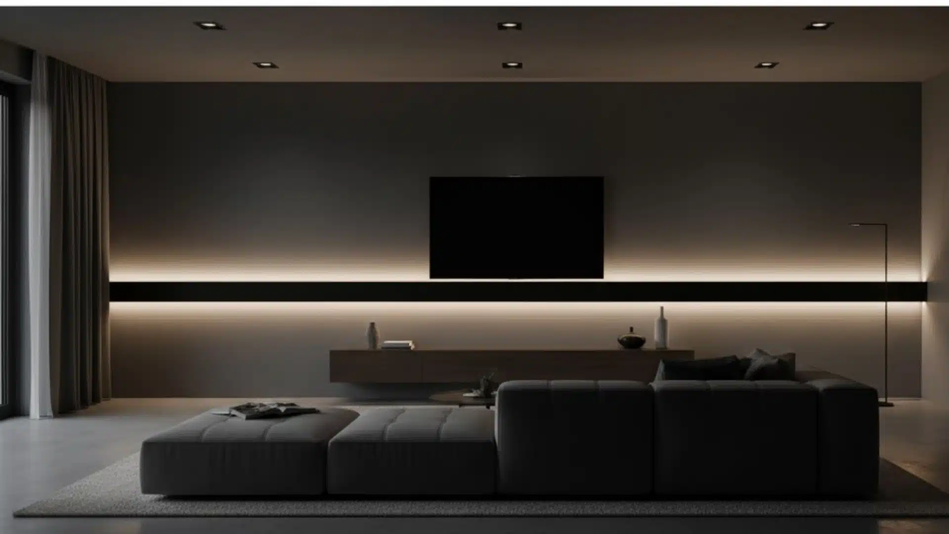 dark modern living room with integrated led lighting running along the chair rail