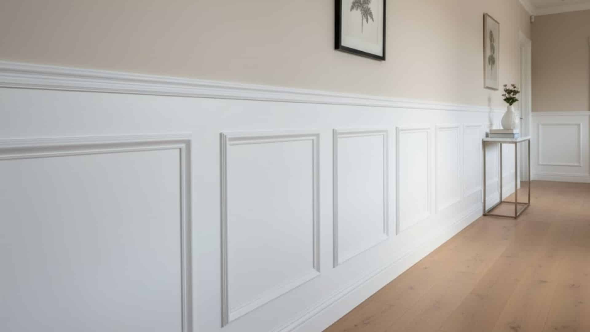 bright hallway with white paneled wainscoting, beige upper walls, wood flooring, and a slim console table