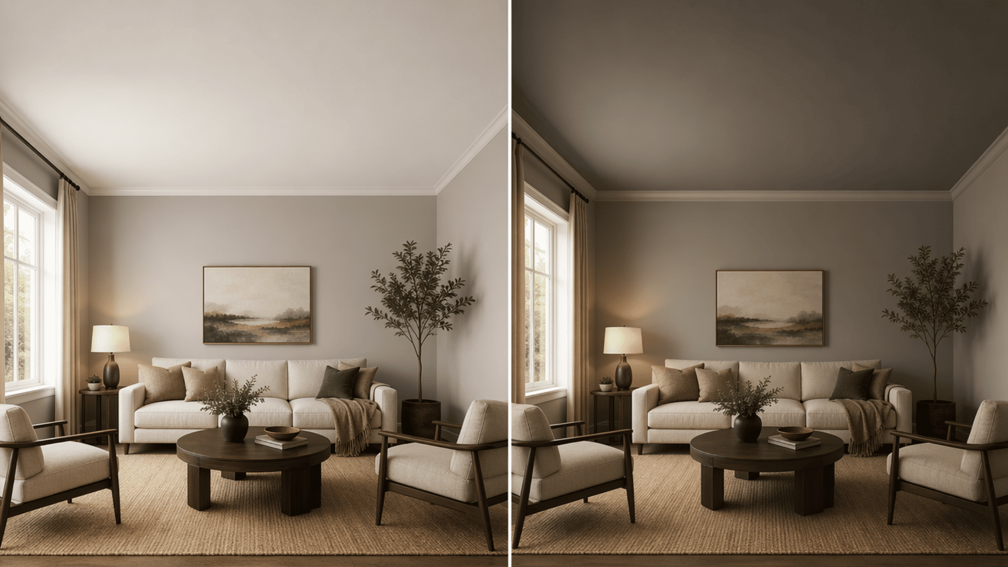 split living room showing how ceiling color changes the room perception.