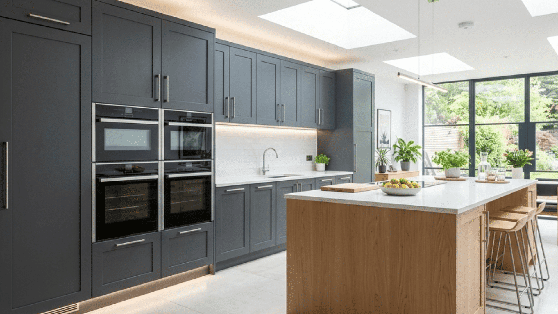 Charcoal gray cabinets with a wood island in a bright modern kitchen.
