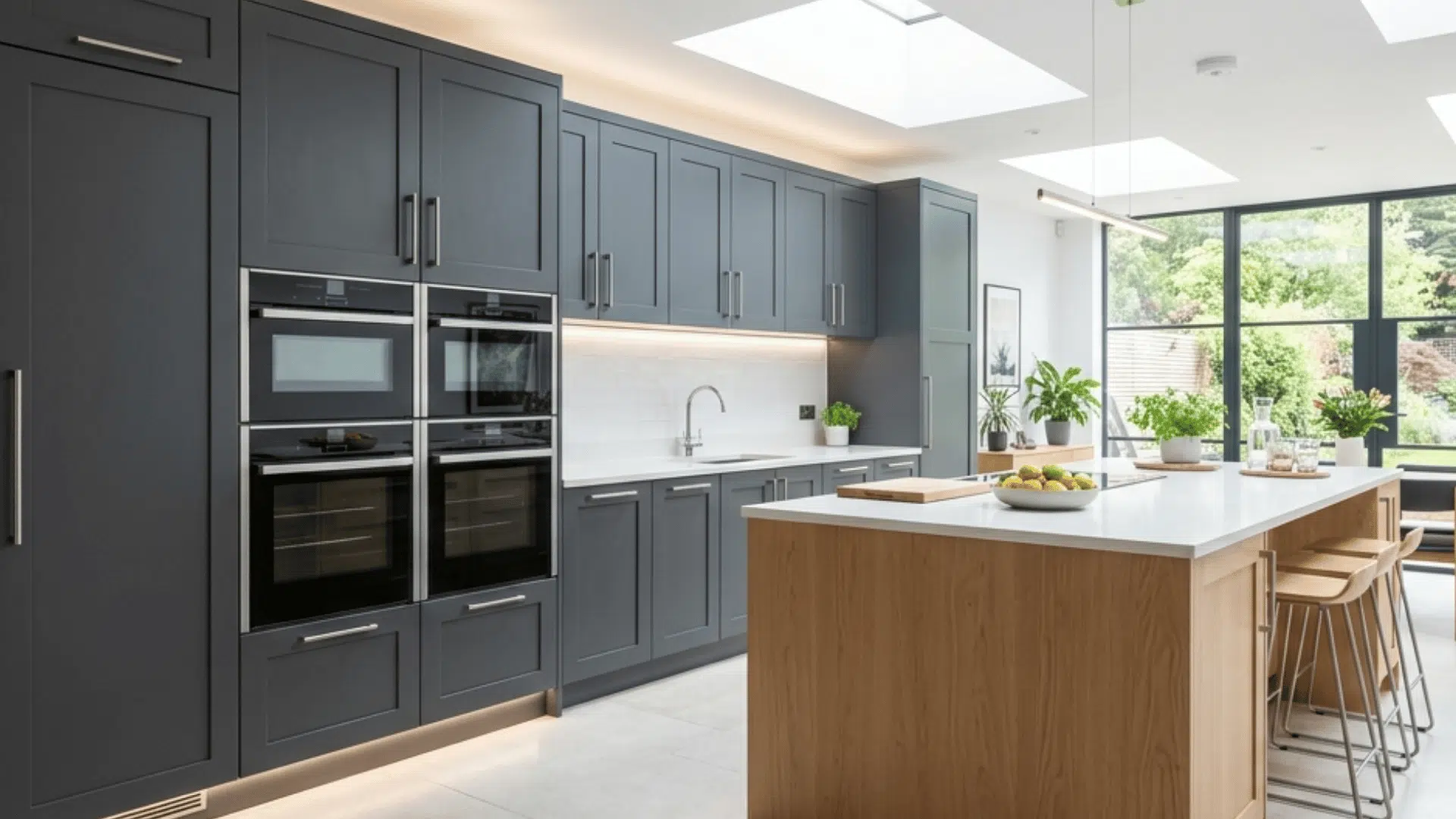 Charcoal gray cabinets with a wood island in a bright modern kitchen.