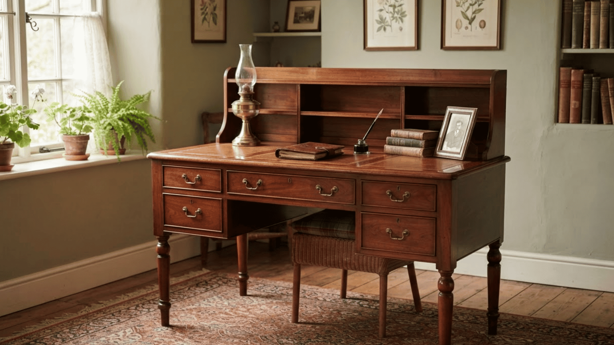 Cherry dining table and sideboard with warm red-brown tones in a light traditional room