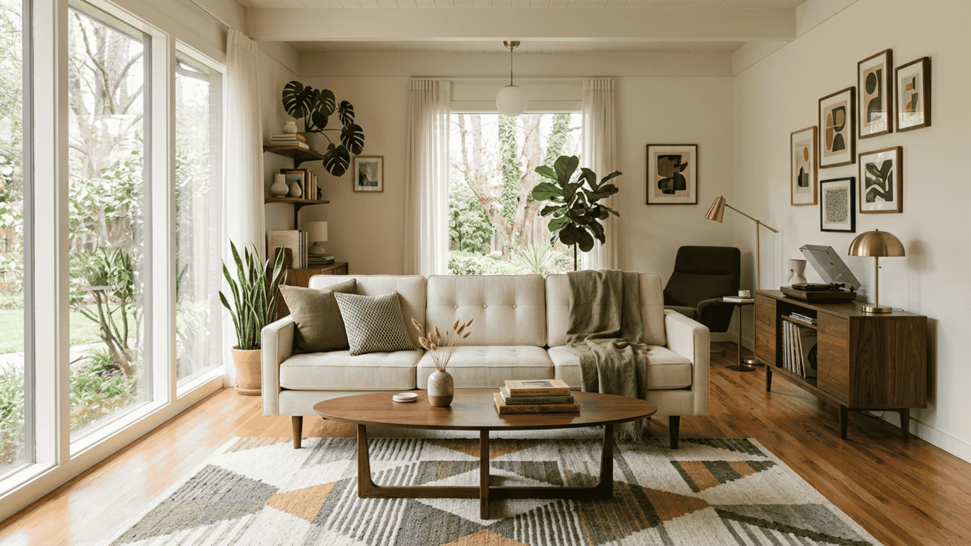 Low-profile cream sofa with tapered legs in a mid-century living room